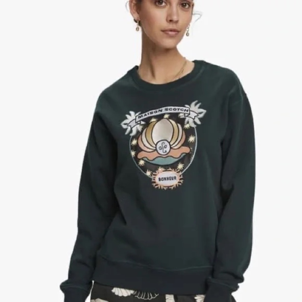 Scotch & Soda Dark Green Long Sleeve Cotton Artwork Sweatshirt Size Small